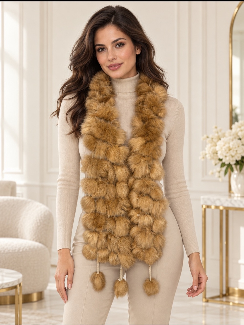 Beautiful Genuine rabbit Fur Pom-Pom Scarf in Honey Brown❤️52x5